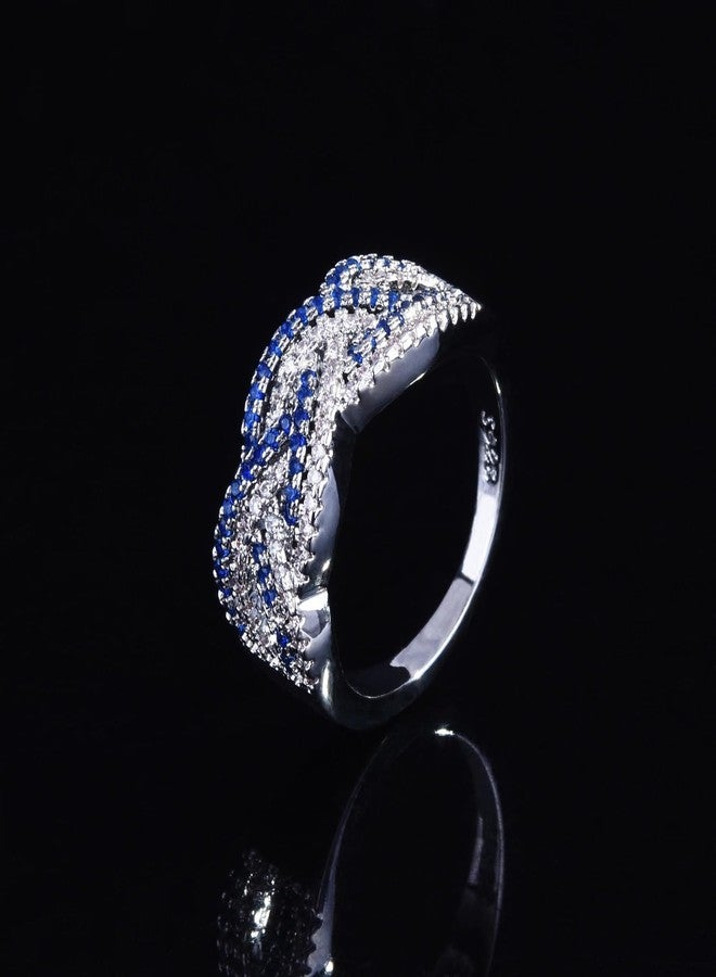 AZQ 925 Sterling Silver Shiny Full Diamond Ring 18K Gold Sapphire Cocktail Ring Blue Cubic Zirconia Promise Rings CZ Diamond Multi Row Ring Eternity Engagement Wedding Band Ring for Women Z.5 (US Code 9) - Image 2
